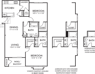SweetBriar. 2 bedroom apartment. Kitchen with bartop open to living/dining rooms. 2 full bathroom, double vanity in master. Walk-in closets. Patio/balcony.